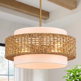 Widluth 19.7" Rattan Chandelier with Linen Farmhouse Boho Hand Woven Bamboo Chandeliers Light Fixture Modern Drum Wicker Rattan Gold Chandelier for Dining Room, Kitchen, Living Room,Foyer