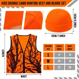 Berlune 2 Pcs Kids Hunting Vest & Beanie Set Reflective Hunting Clothes Blaze Vests for Night Hiking Outdoor(Orange,M,Pattern Style)