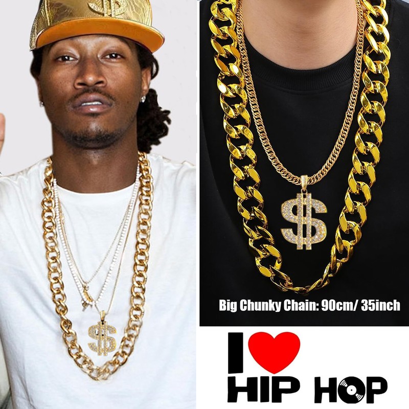 MEDOJO 80 90s Hip Hop Costume Outfit Kit Fake Golden