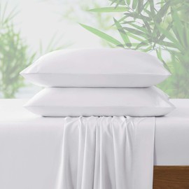 NATUREFIELD 4Pcs Cooling Sheets Set King Size Rayon Derived from Bamboo Bed Sheets Soft Breathable 1 Flat Sheet, 1 Fitted Sheet, 2 Pillowcases White