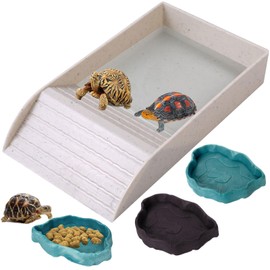 3pcs Tortoise Water Dish with Ramp Turtle Food Water Bowls Rock Reptile Water Dish Tortoises Habitat Accessories Turtle Reptile Bathing Pool (Grey)