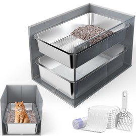 23.6" x 15.7" x 6" Stainless Steel Litter Box with Litter Box Enclosure Splash Guard for Big Cats, Multi-Cats, High Sided Sifting Litter Box for Non-clumping Litter, Easy Cleaning for Long-Lasting
