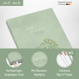 Häfft® Chäff-Timer Mini Pocket Calendar 2025/2026 A6+ "Green Monstera" Small with 1 Week on 2 Pages, Weekly Planner, Calendar, Organiser - Sustainable and Climate Friendly