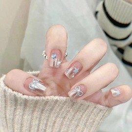 BQZQPAMZ 30pcs Silver Short Square False Nails Bow Star Press on Nails Square French With Rhinestones Blue Bow Glue on Nails Glossy Acrylic Nails for Women Manicure Decoration