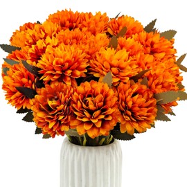 CORVYUC 15 Pcs Mums Artificial Flowers Fake Mums Silk Fall Flowers Chrysanthemums Ball That Look Real for Indoor Autumn Home Decor Table Centerpieces Floral Arrangement (Orange)