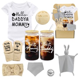 Amgkonp New Mom Gifts Basket for Women,Pregnancy Gifts for New Parents Gifts Basket,Unique Gender Reveal Gifts,New Mom and Dad Gifts with Glass Cups,First Time Mom Gifts,Baby Gifts