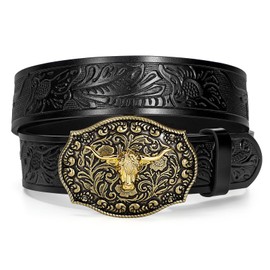 LEACOOLKEY Western Cowboy Leather Belt for Men Longhorn Bull Buckle Belt 1.5" Wide Floral Engraved Embossed Leather Belt