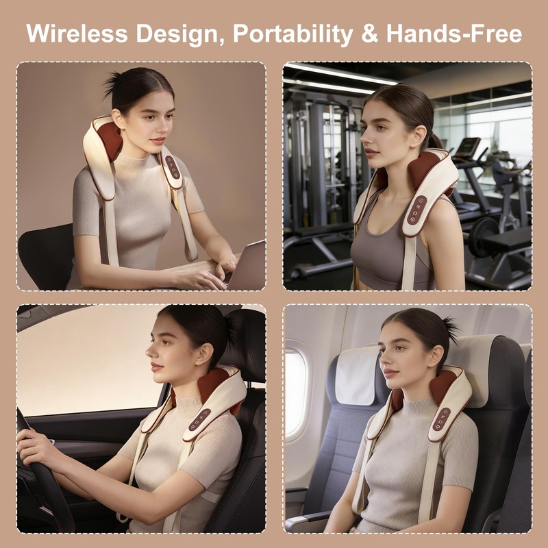 Cordless Neck Massager with Heat, 8D Shiatsu Shoulder Pain Relief