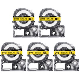 5pcs Greateam 12mm Yellow Bottom Black Letters Label Tape Compatible King Jim Tepra PRO Tape Cartridge Matte 12mm Yellow Label/Black Letters 8m Length