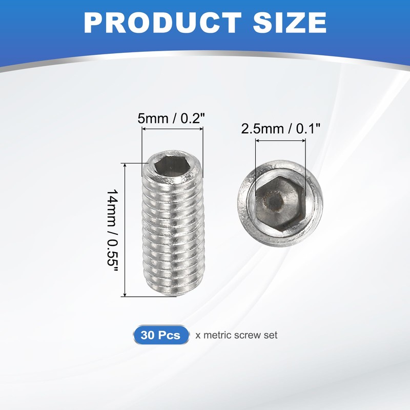 PATIKIL 30 Pcs Hex Socket Grub Screw, M5x14mm Flat Point