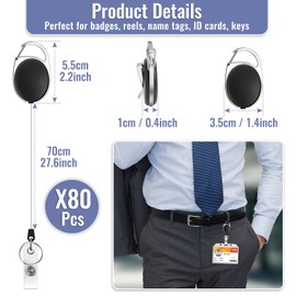 80 Pcs Badge Reels Retractable Bulk ID Badge Holders Retractable Lanyards with Carabiner Reel Clip for Keys, Badge Name Card Holders