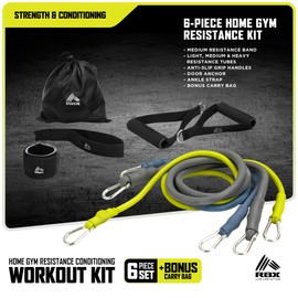 RBX 6 Piece Home Gym Resistance Kit - Light, Medium, Heavy Resistance Bands, Grip Handles, Door Anchor, Ankle Strap & Carry Bag (Gray)