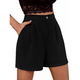 Febriajuce Women's Elastic High Waist Pleated Shorts Wide Leg Summer Shorts with Pockets Black