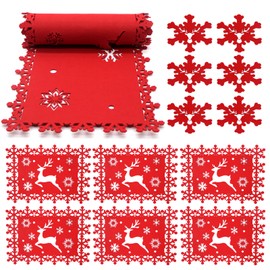 Christmas Table Decoration, 1PC Christmas Table Runners +6PCS Christmas Table Placemats and Coasters Set for Christmas Holiday Table Home Party Decoration