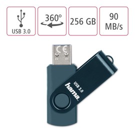 Hama 256GB USB Flash Drive USB 3 Data Stick 90MB/s Data Transfer with Loop for Attaching to Key Ring Memory Stick Metal Memory Stick Suitable for Windows/MacBook) Petrol Blue