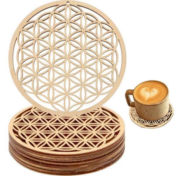 Pack of 10 Flower of Life Coasters, Wooden Coasters, Reusable