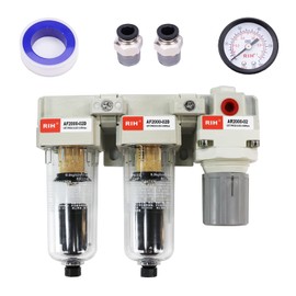 RIH Pneumatics 1/4'' NPT Auto Drain Compressed Air Double Filter & Regulator, Air Compressor Water Separator, Auto Drain, Poly Bowl,0-150 psi Gauge, 5 Micron Brass Element AC2110-02D(1/4 NPT)