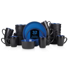 Stone Lain Albie Stoneware 32-Piece Modern Dinnerware Set, Kitchen Plates and Bowls Sets, Dish Set for 8, Blue and Black