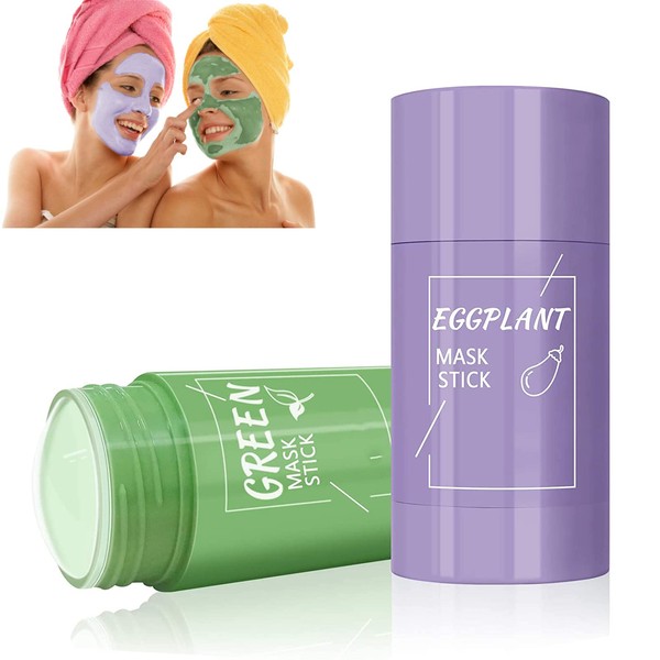 Green Tea Mask Stick and Aubergine Mask Stick, Cleansing Solid Mask, Clay Mask Stick Anti-Acne Mask, Moisturises and Controls Oil, Blackhead Acne Remover, Cleansing, Pores Shrinking