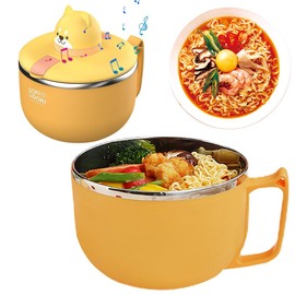 LUPATDY Ramen Bowl with Lid, Instant Noodle Bowl 1200 ml, Portable Stainless Steel Pasta Bowl with Timer and Ventilation Hole, Bowl for Pasta, Bento, Lunch (Shiba Inu)