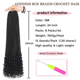 24 Inch Goddess Box Braids Crochet Hair with Curly Ends 8 Packs Pre-looped 3X Goddess Braids Hair Extensions Synthetic Boho Box Braiding Hair for Women (15Strands/pack 1B#)