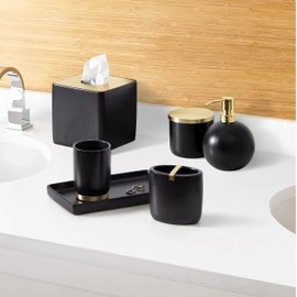 Motifeur Bathroom Accessories Set, 5-Piece Ceramic Bath Accessory Complete Set with Lotion Dispenser/Soap Pump, Cotton Jar, Vanity Tray, Tumbler and Toothbrush Holder (Black and Gold)