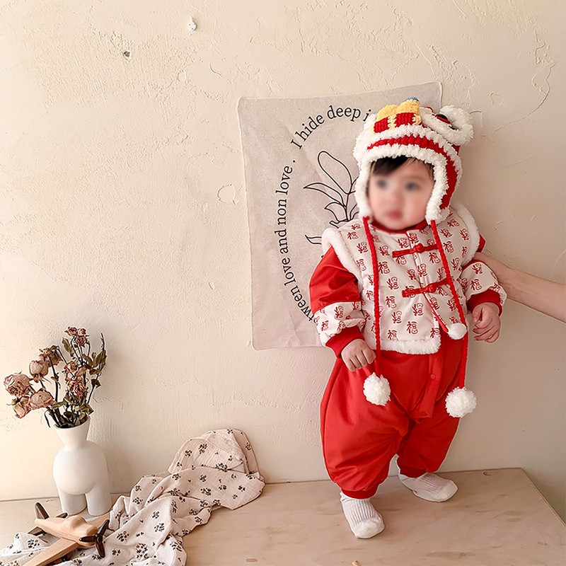 Chinese New Year Baby Romper Cotton Vintage Coil Buckle Festive