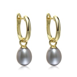 Jo & Co. Freshwater Cultured Pearl and 925 Sterling Silver Gold Plated, Lyre Shaped Hoop and Drop Earrings, 8 X 10 mm Silver Grey Pearl, Detachable Pearl, Some Variation in Colour Tone May Occur