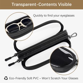 FIROK Clear Double Glasses Case, Soft Eyeglass Readers Case for 2 with PVC Windows, Dual Sunglasses Pouch for Women Men (Black, A)
