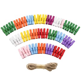 CattleyaHQ 100 Pieces Mini Laundry Pegs,Colorful Wooden Paper Photo Clips Clothespins,Lovely Home Kitchen Garden Party Decoration with with Jute Twine