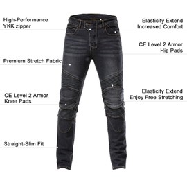 Men's Protective Motorcycle Jeans with CE Armor,Elastic Denim Riding Pants for All-Season Cycling Gear,Vintage Black,34W/30L