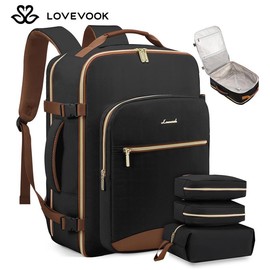 LOVEVOOK Colorblock Carry-On Travel Backpack with 3 Packing Cubes and Laptop Compartment - Personal Item,TSA-Friendly, Airline Approved Travel Bag for Hiking, Overnight, Weekend,Gift for Valentine's Day:_Black-brown_40L