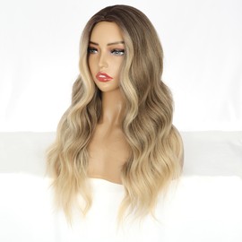 PORSMEER Women's Ombre Brown to Blonde Wig with Dark Roots Synthetic Hair Natural Wig Long without Fringe Wavy Curly Brown Wig for Women 26 Inches, Party or Daily