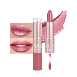 Nude Pink Lipstick Metallic Glitter Lipstick Lip Gloss 2 IN 1, Lightweight Hydrating Metallic Lip Gloss High Impact Lipcolor, Smooth Non-Sticky Shimmer Lipgloss