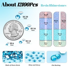 12100Pcs Resin Rhinestones for Crafting with 3Pcs 10ml B7000 Jewelry Glue, 2 Boxes Flatback Crystals Diomand (Indicolite) for Bedazzling Crafts DIY Nail Art Makeup，Non Hotfix Gems for Clothing Shoes