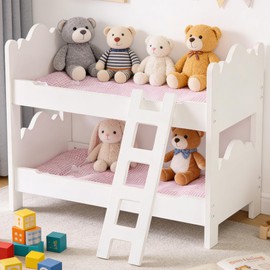 Doll Bunk Bed, Wooden Doll Bed for 18 Inch Dolls with Ladder & Pink Bedding, Easy Assembly American Girl Doll Furniture, White and Pink Pretend Play for Kids