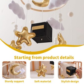 Baby Crib Mobile Nursery Decoration Moon and Stars Hanging Mobile Gender-Neutral Baby Mobile for Crib Handmade Newborn Nursery Decor Easy to Assemble & Durable (Golden Moon)