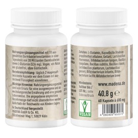 MADENA SiboEx Darmbakterien-Komplex ohne lösliche Ballaststoffe, 60 Kapseln mit 10 Bakterienstämmen (20 Mrd.) inkl. Bacillus coagulans, subtilis & clausii und L-Glutamin, vegan