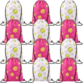 Reginary 12 Pcs Softball Drawstring Bags Bulk Pink Bow 13 x 17 Inches Sports Goodie Candy Treat Gift Snack Bags for Team Sport Ball Theme Birthday Party Supplies
