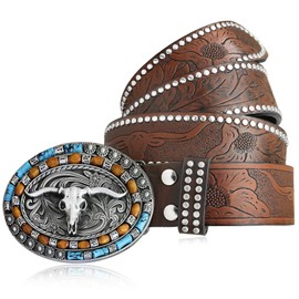 Yjfeshion Mens Western Leather Buckle Belt Studded Leather, Skull Bull Head Engraved Dark Brown Cowboy Concho Belts With Long Horn Bull Buckles, 1-1/2 Inch Wide M
