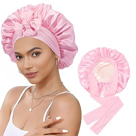 Satin Bonnet for Sleeping Women Silk Sleep Cap Double Layer Hair Care Bonnet with Elastic Tie Band Curly Hair(Pink + Beige)
