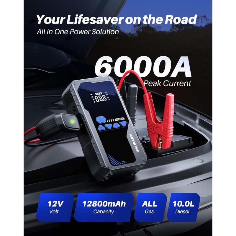 AUTOONE 6000A Jump Starter with Air Compressor (All Gas/10L Diesel),
