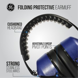 GE Folding Protective Earmuff for Noise Reduction, NRR 26dB Hearing Protection, Adjustable & Sound Proof Earmuffs for Work, Industrial & Construction Noise Protection. ANSI S3.19-1974 (Indigo/Black)