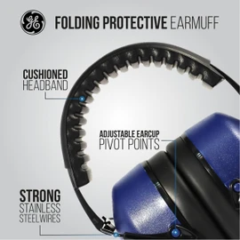 GE Folding Protective Earmuff for Noise Reduction, NRR 26dB Hearing Protection, Adjustable & Sound Proof Earmuffs for Work, Industrial & Construction Noise Protection. ANSI S3.19-1974 (Indigo/Black)