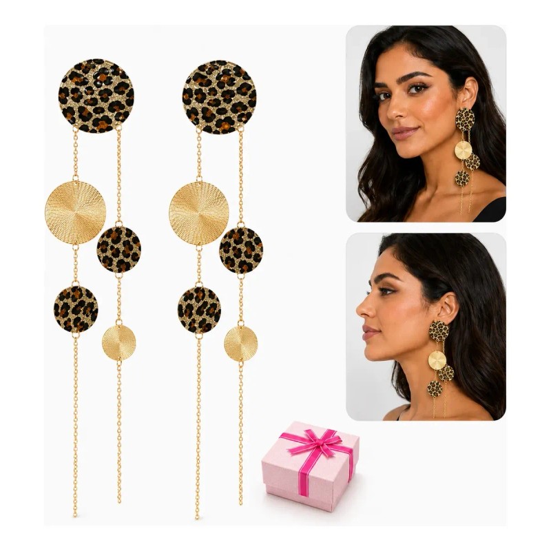 QinmiGarden - Aretes Extra Largos Mujer Leopardo Con Cadenas Y