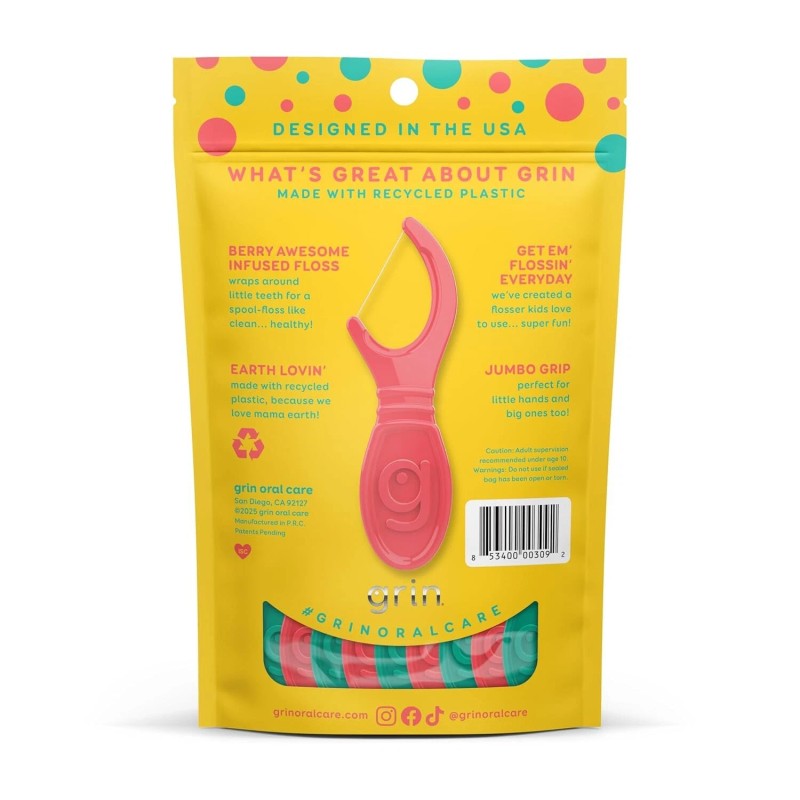 GRIN Kiddo Flossers, Berry Awesome Flavor, Recycled Plastic, Child Safe
