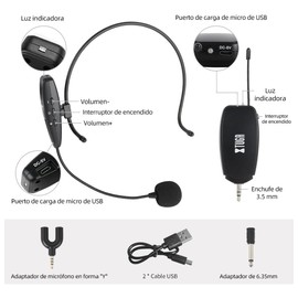 XTUGA Recargable Microfono Inalambrico Diadema, UHF Diadema con Microfono, Compatible con Teléfono/Mac/Portátil, Alcance de 40 m