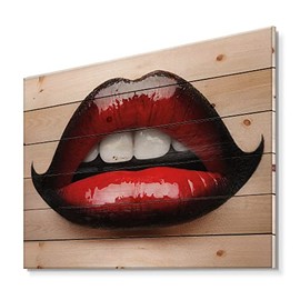 DesignQ Female Lips With Red And Black Lipstick Modern & Contemporary Wood Wall Decor, Red Wood Wall Art, Large People Wood Wall Panels Printed On Natural Pine Wood Art
