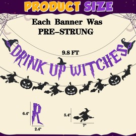 Pre-Strung Drink Up Witches Banner, Glitter Happy Halloween Banner Decorations with Pumpkin Bat Witch Sign for Halloween Party Home Office School Indoor Wall Mantel Hanging Backdrop Garland Decor