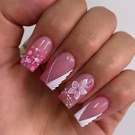 24Pcs French Tip Press on Nails Medium Fake Nails Square Glue on Nails with Pink Peach Blossom Glitter Design Acrylic Nails Cute Full Cover False Nails Glossy Stick on Nails Artificial Nails for Women
